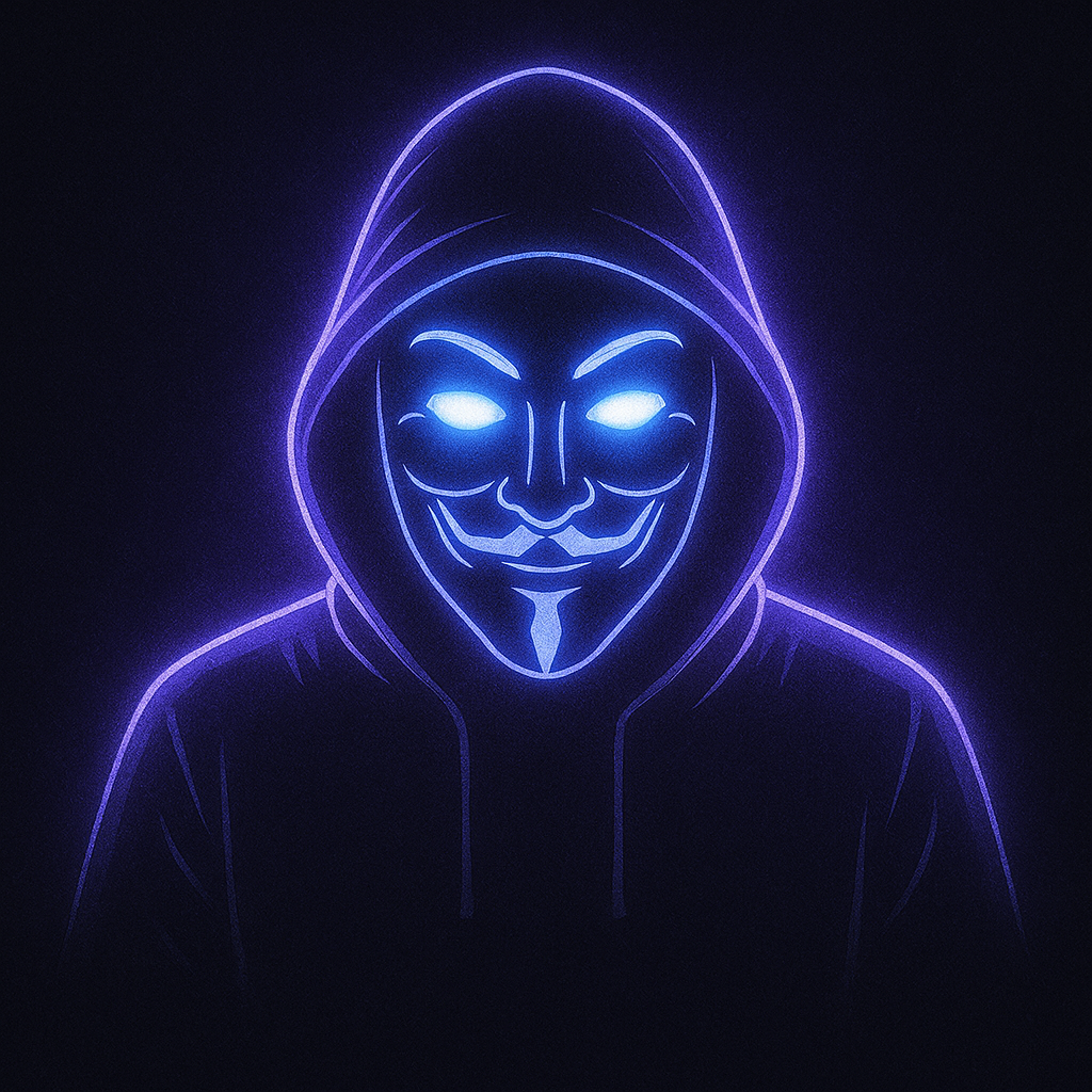 Illustration of a masked user with glowing eyes, cyberpunk OPSEC style