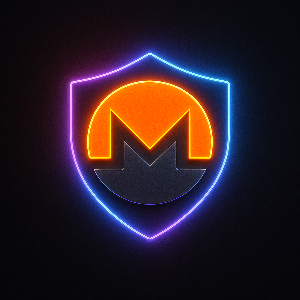 Glowing Monero (XMR) emblem, cyberpunk neon style, on dark background