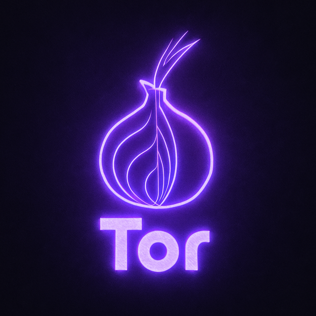 Illustration of Tor browser logo with neon violet glow, cyberpunk style