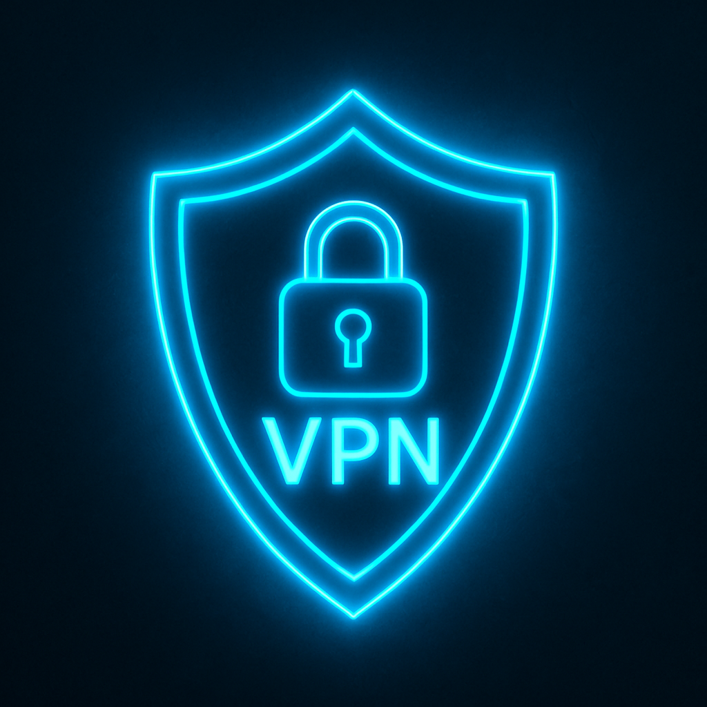 Illustration of a VPN shield with neon blue glow, cyberpunk style